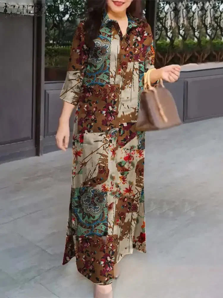 Vintage Floral Patchwork Maxi Shirt Dress – 3/4 Sleeve Cotton Lapel Dress