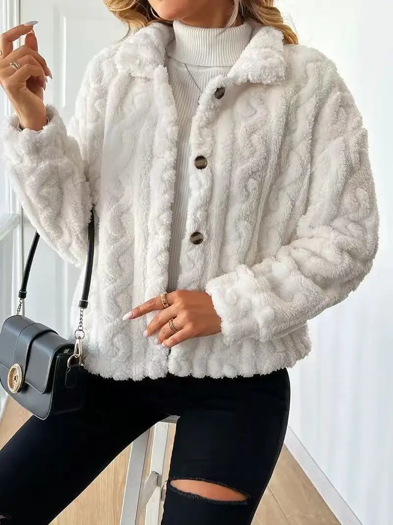 White Plush Button-Up Jacket – Soft Faux Fur Winter Coat