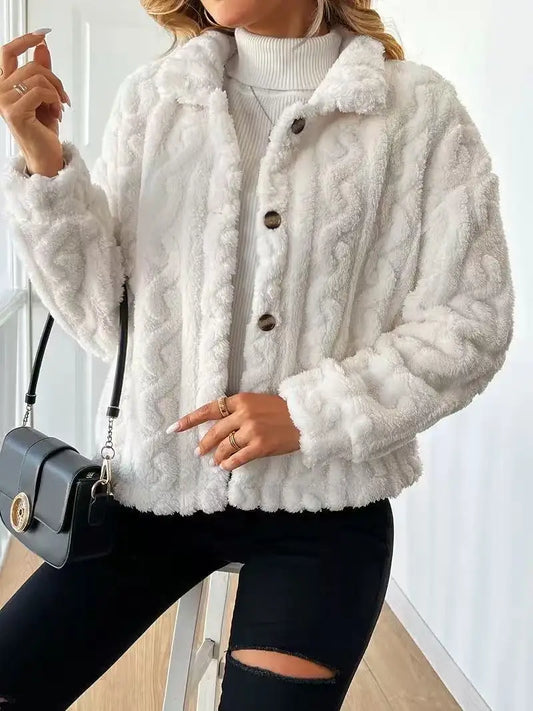 White Plush Button-Up Jacket – Soft Faux Fur Winter Coat