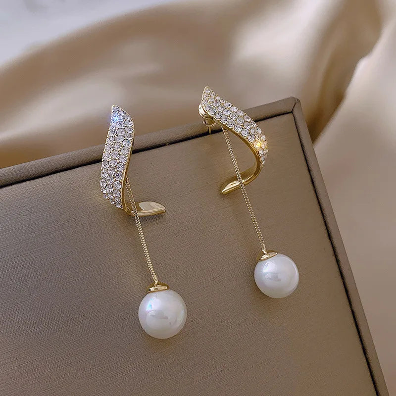 Crystal Wave Pearl Drop Earrings