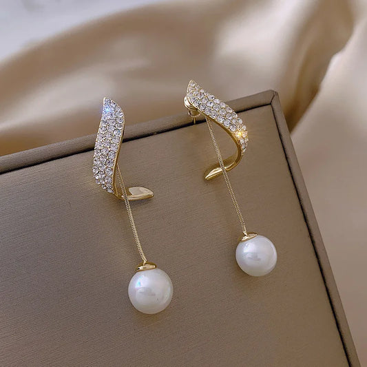 Crystal Wave Pearl Drop Earrings