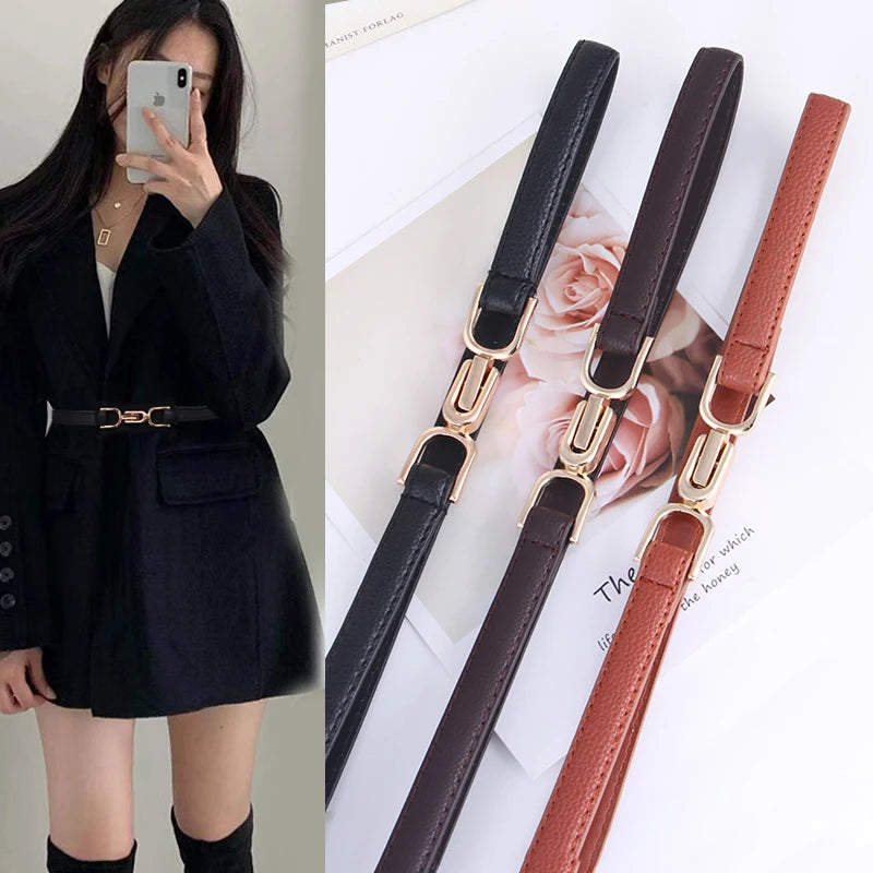 Slim Leather Waist Belt with Gold Buckle