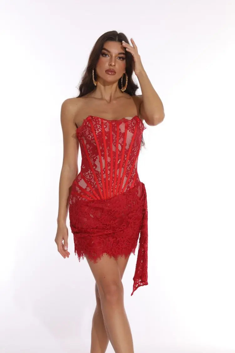 Black Strapless Lace Corset Mini Dress