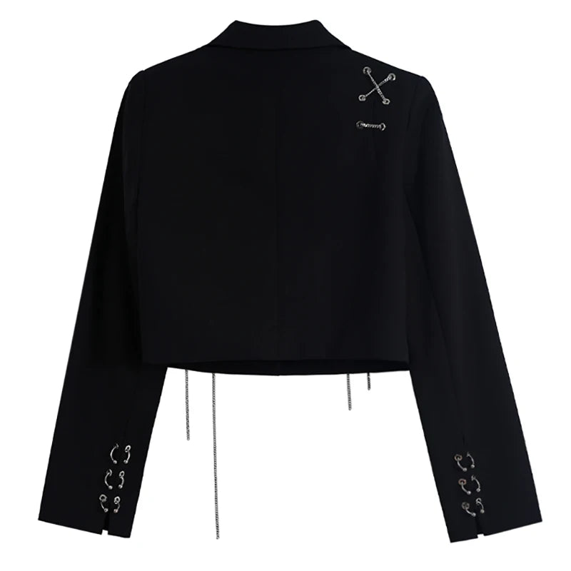 Cropped Black Blazer with Chain & Metal Detailing