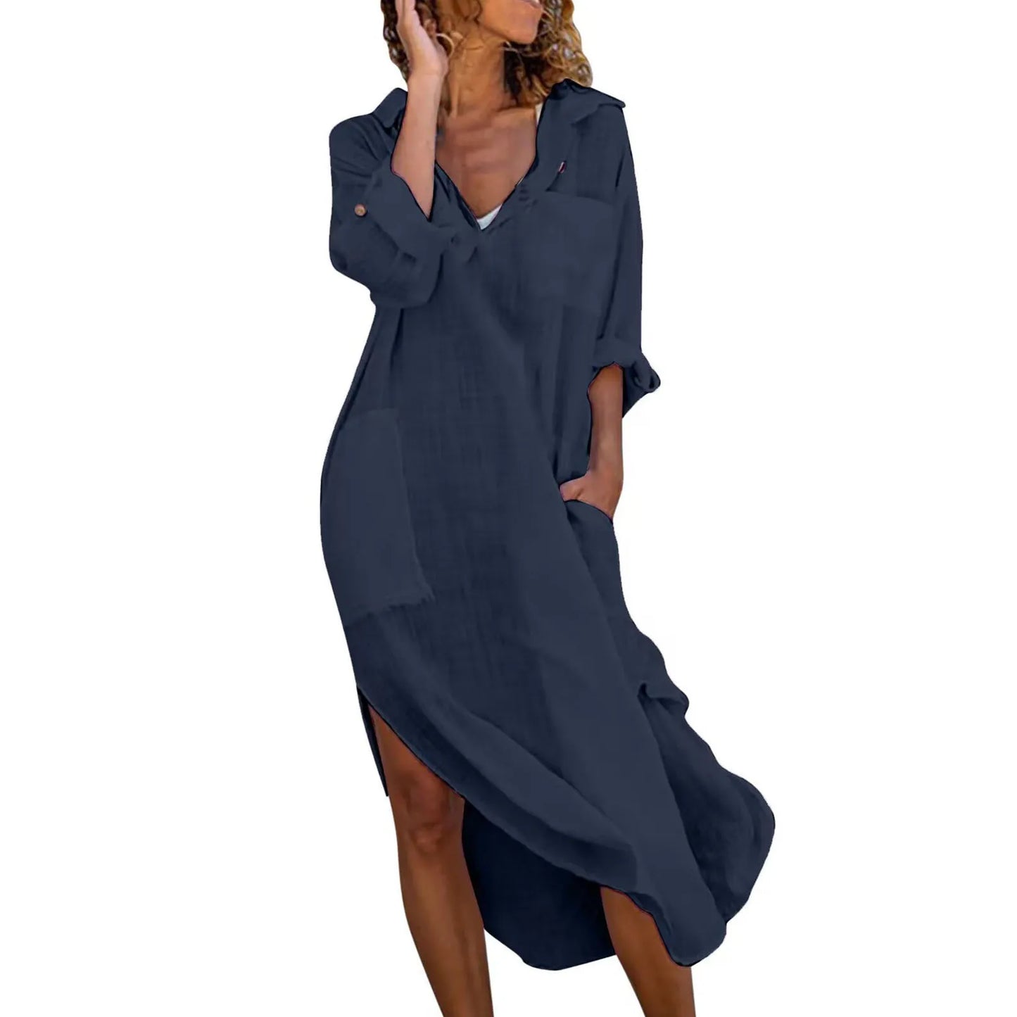 Oversized Linen-Cotton Shirt Dress – Casual Long Sleeve Midi Dress with Pockets