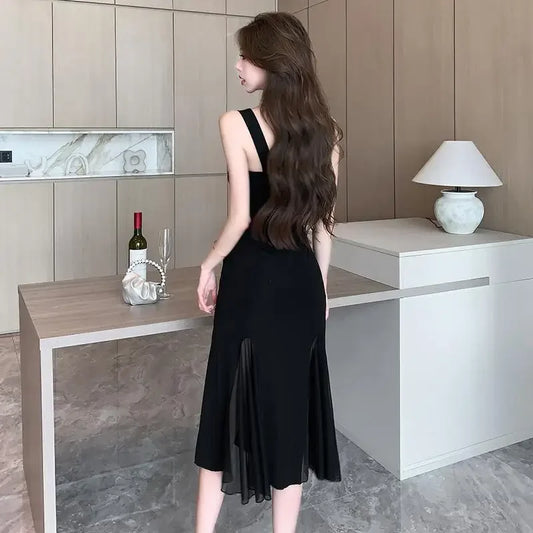 Elegant Black Midi Dress – Sleeveless Fit & Flare with Sheer Mesh Inserts