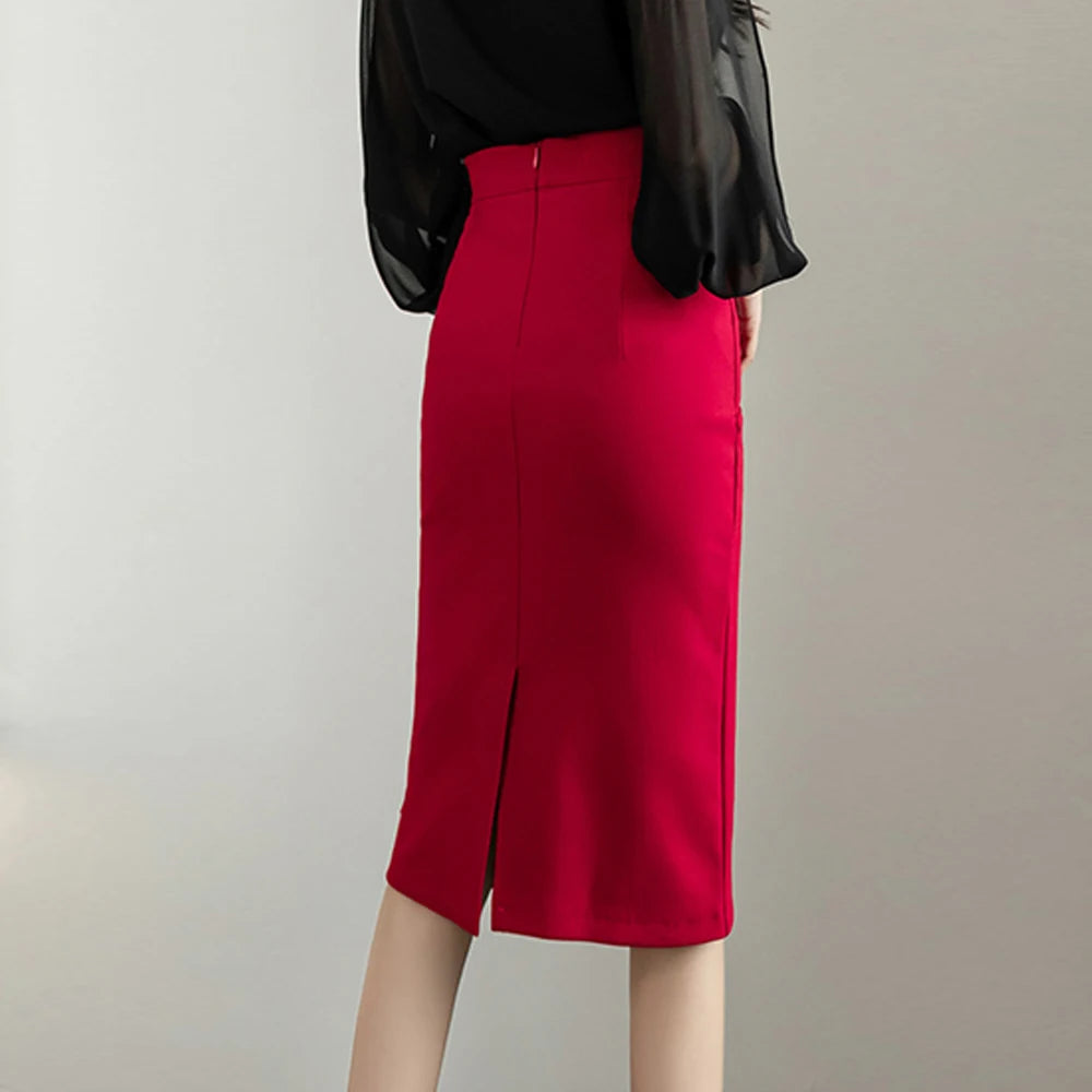 Classic Gray Pencil Skirt – High-Waist Slim Fit Office Midi