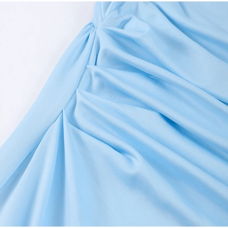 Elegant Light Blue Draped Evening Gown – Pleated Shawl Detail, Slim Fit Maxi Dress