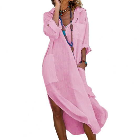 Oversized Linen-Cotton Shirt Dress – Casual Long Sleeve Midi Dress with Pockets