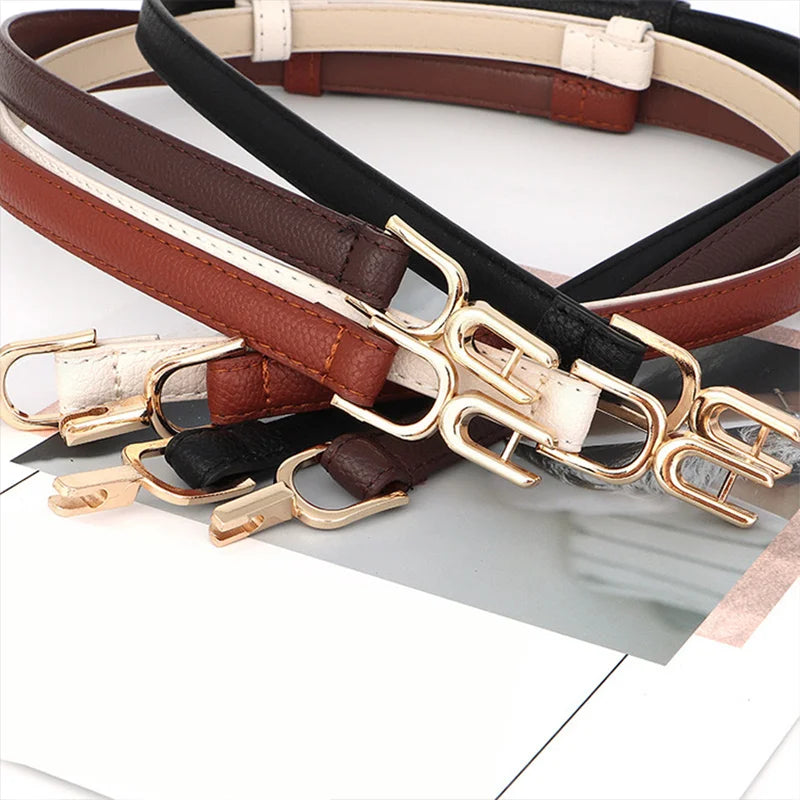 Slim Leather Waist Belt with Gold Buckle