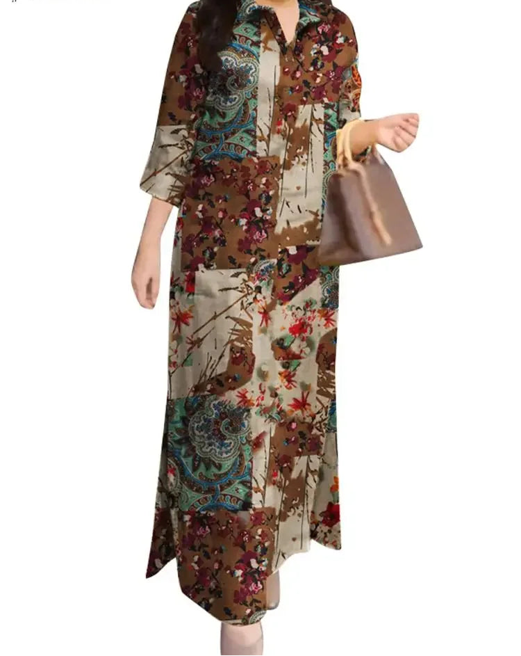 Vintage Floral Patchwork Maxi Shirt Dress – 3/4 Sleeve Cotton Lapel Dress