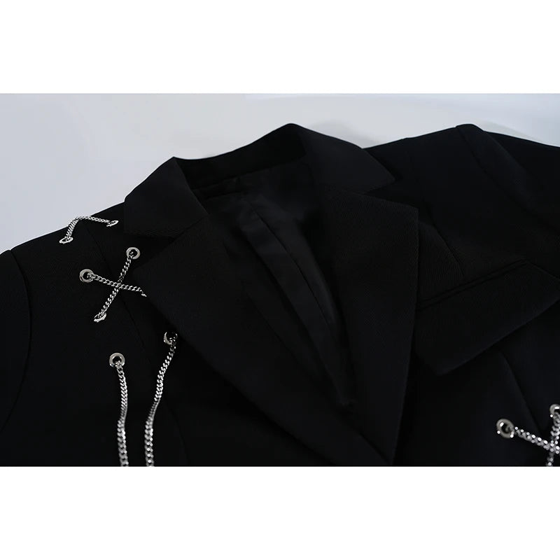 Cropped Black Blazer with Chain & Metal Detailing
