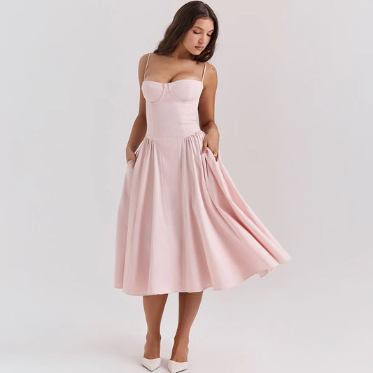 Pink Spaghetti Strap Fit & Flare Midi Dress