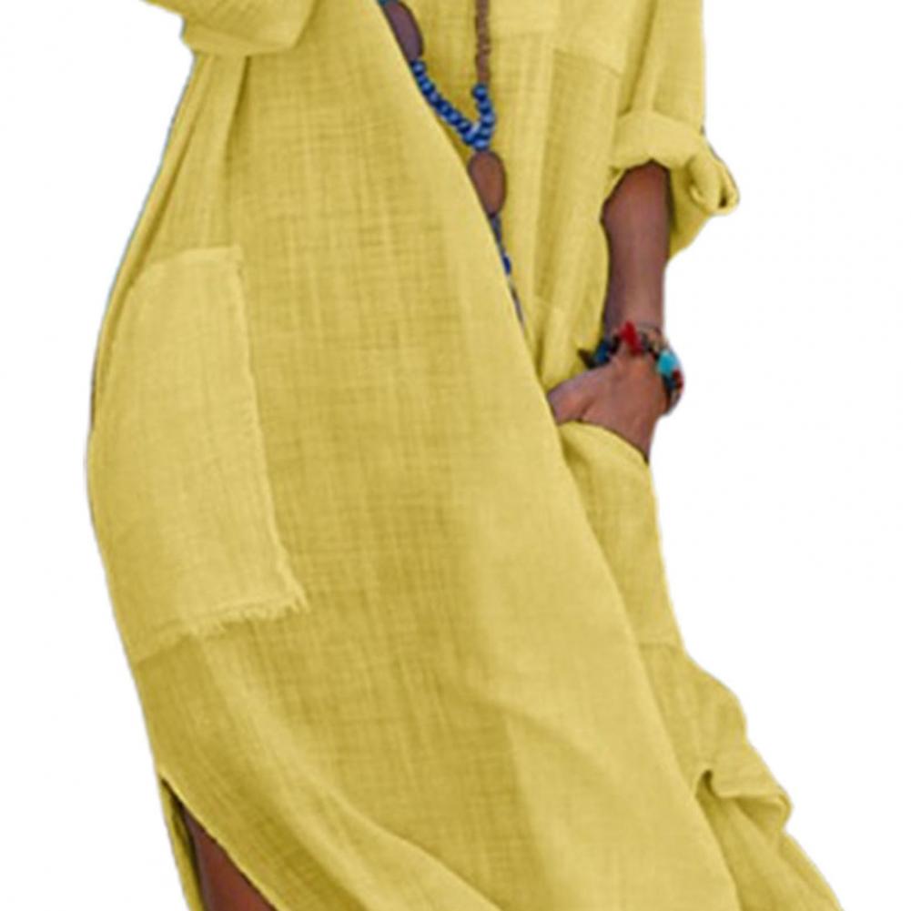 Oversized Linen-Cotton Shirt Dress – Casual Long Sleeve Midi Dress with Pockets