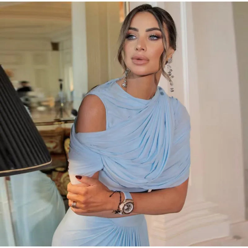 Elegant Light Blue Draped Evening Gown – Pleated Shawl Detail, Slim Fit Maxi Dress