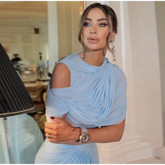 Elegant Light Blue Draped Evening Gown – Pleated Shawl Detail, Slim Fit Maxi Dress