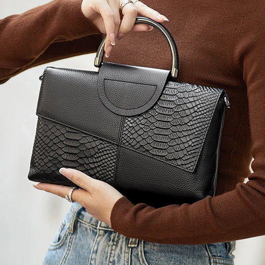 Black Textured Handbag with Metal Handle