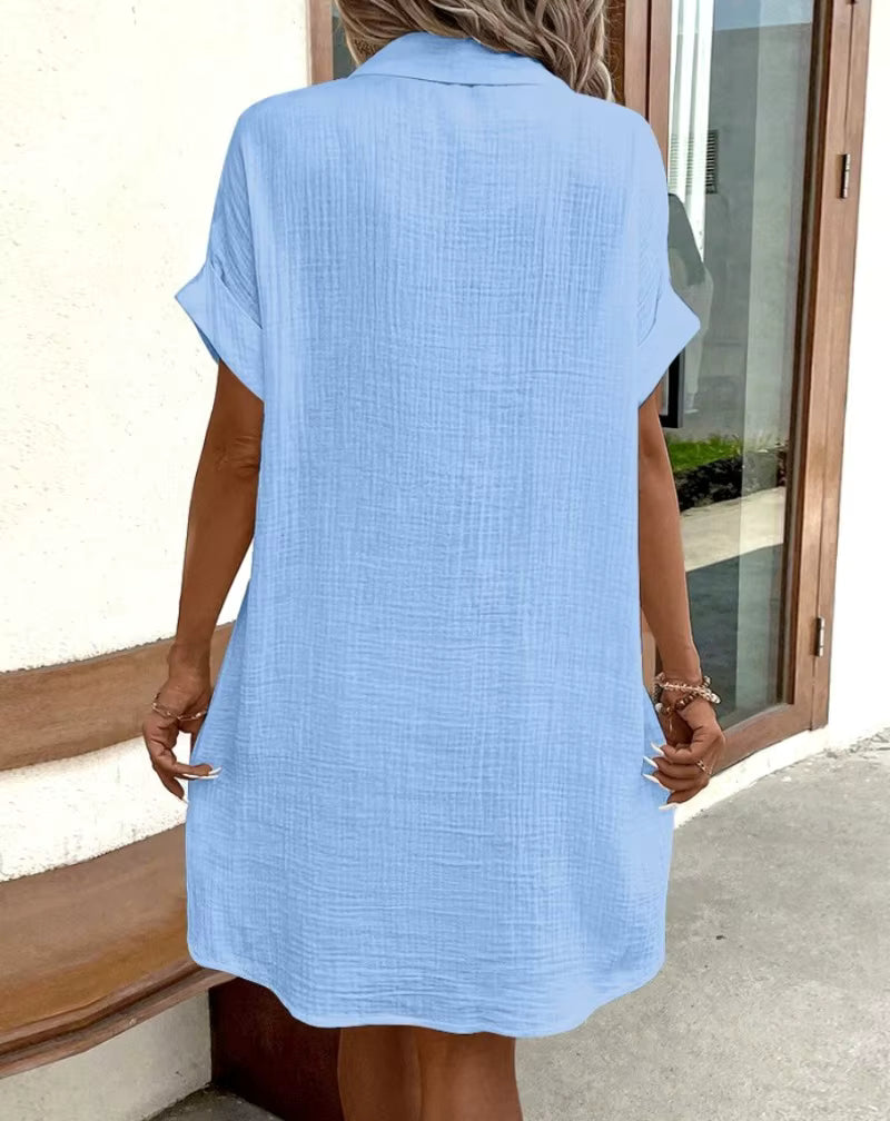 Button-Up Cotton Shirt Dress with Pockets