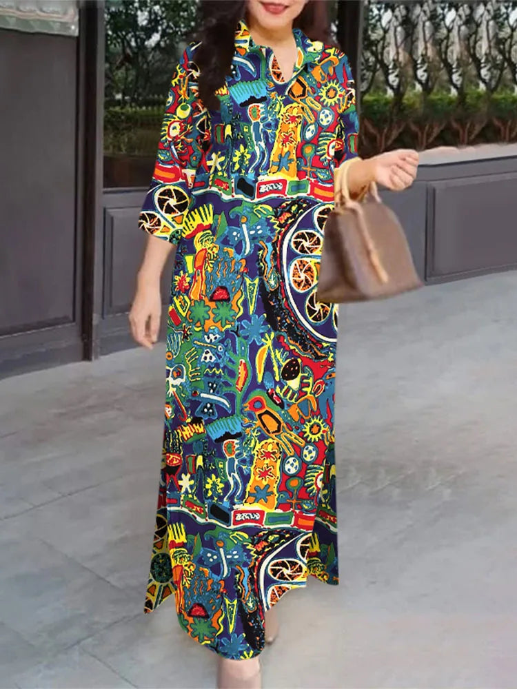 Vintage Floral Patchwork Maxi Shirt Dress – 3/4 Sleeve Cotton Lapel Dress
