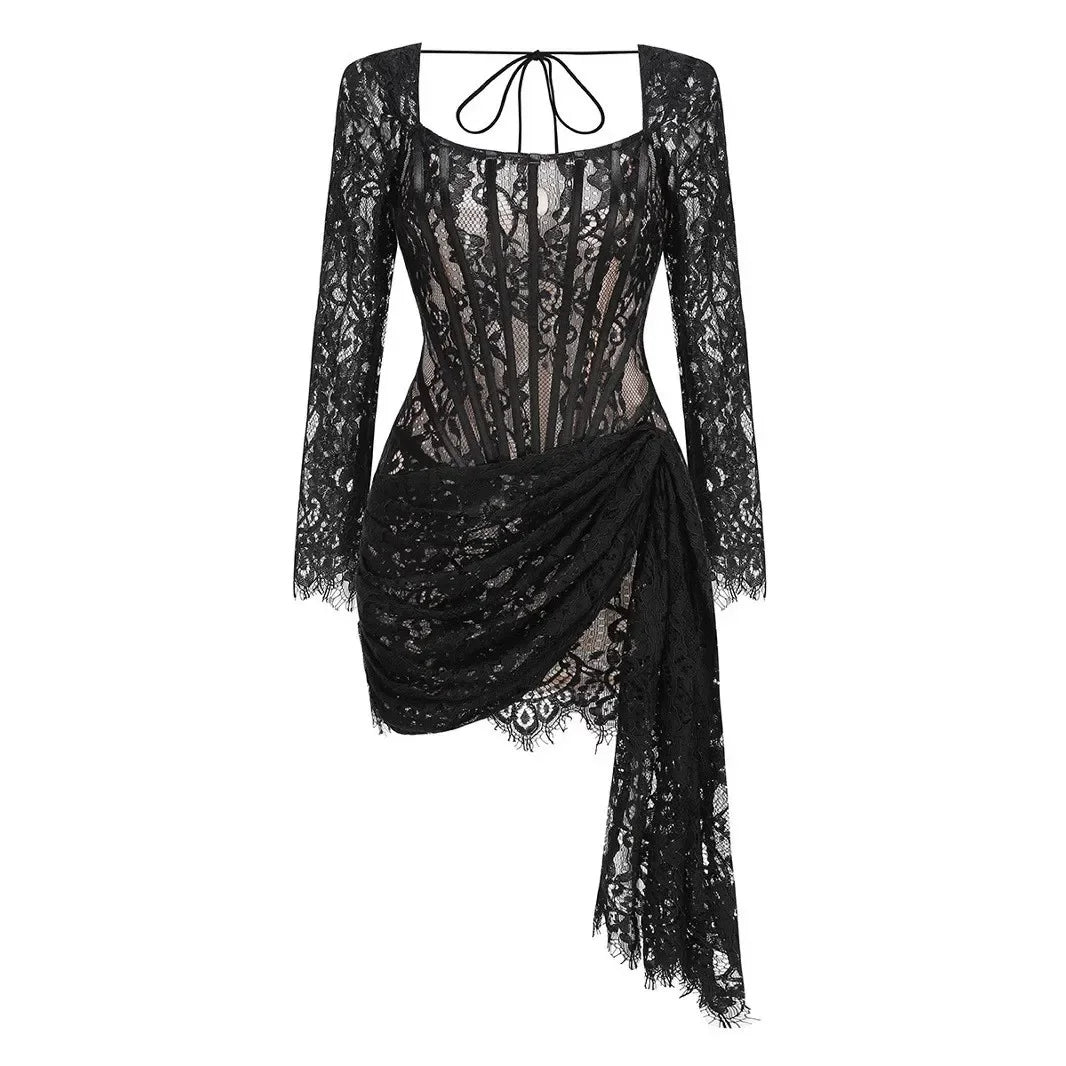 Black Strapless Lace Corset Mini Dress