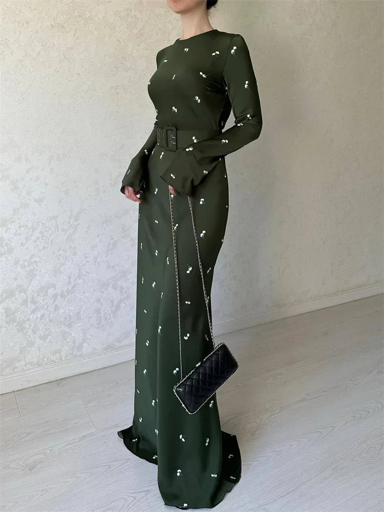 Printed Belted Long Sleeve Maxi Dress