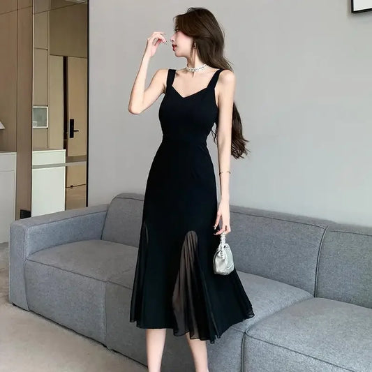 Elegant Black Midi Dress – Sleeveless Fit & Flare with Sheer Mesh Inserts