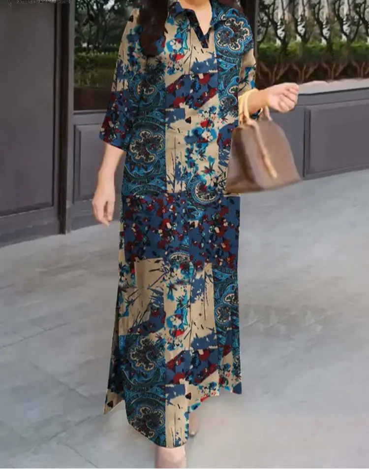 Vintage Floral Patchwork Maxi Shirt Dress – 3/4 Sleeve Cotton Lapel Dress