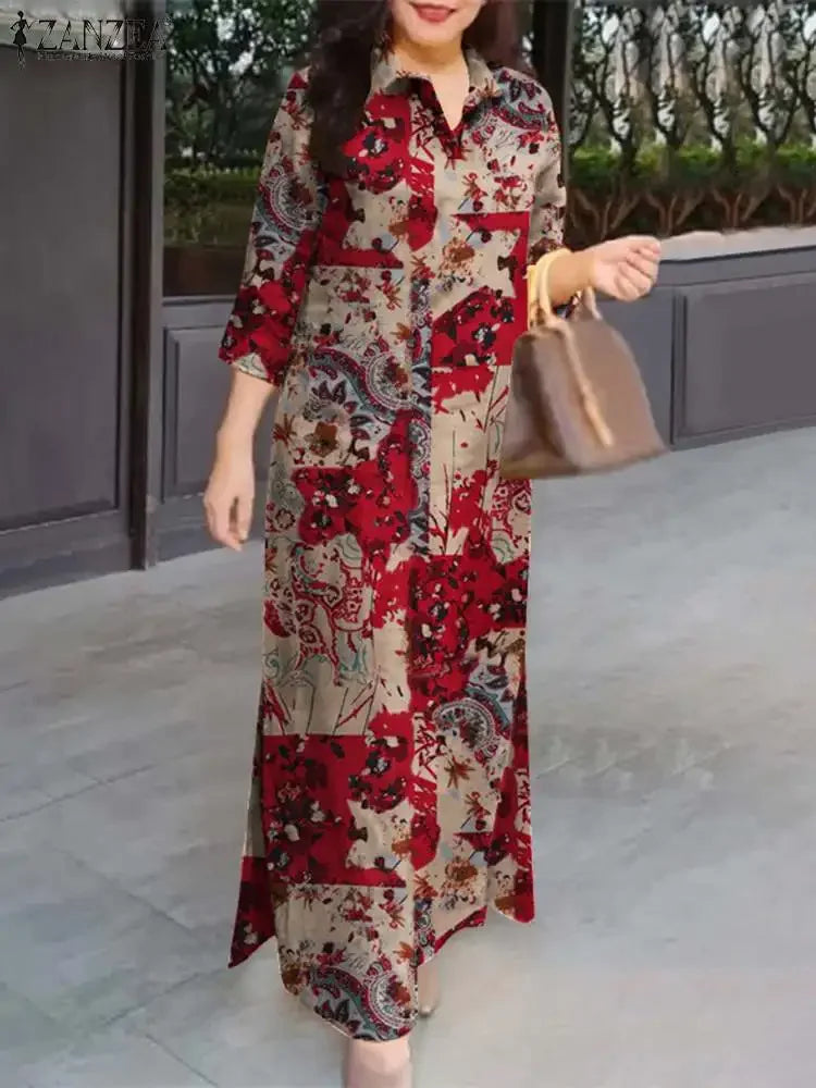 Vintage Floral Patchwork Maxi Shirt Dress – 3/4 Sleeve Cotton Lapel Dress