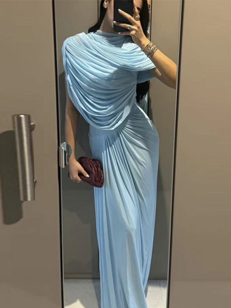 Elegant Light Blue Draped Evening Gown – Pleated Shawl Detail, Slim Fit Maxi Dress