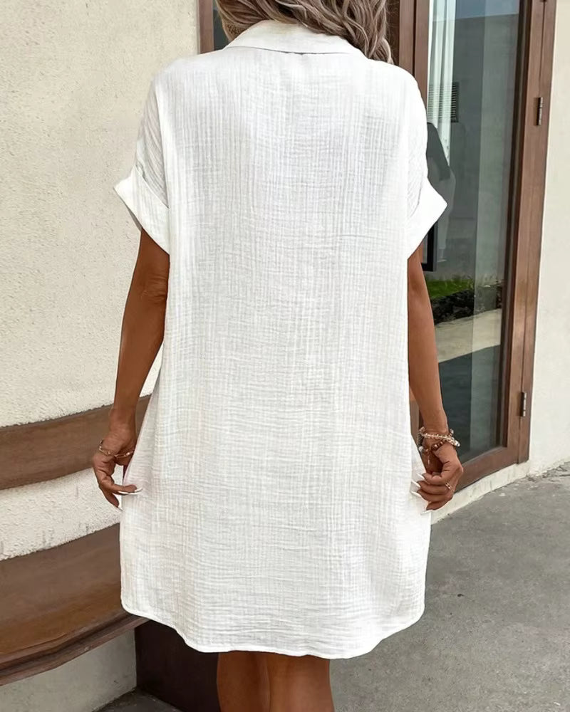 Button-Up Cotton Shirt Dress with Pockets