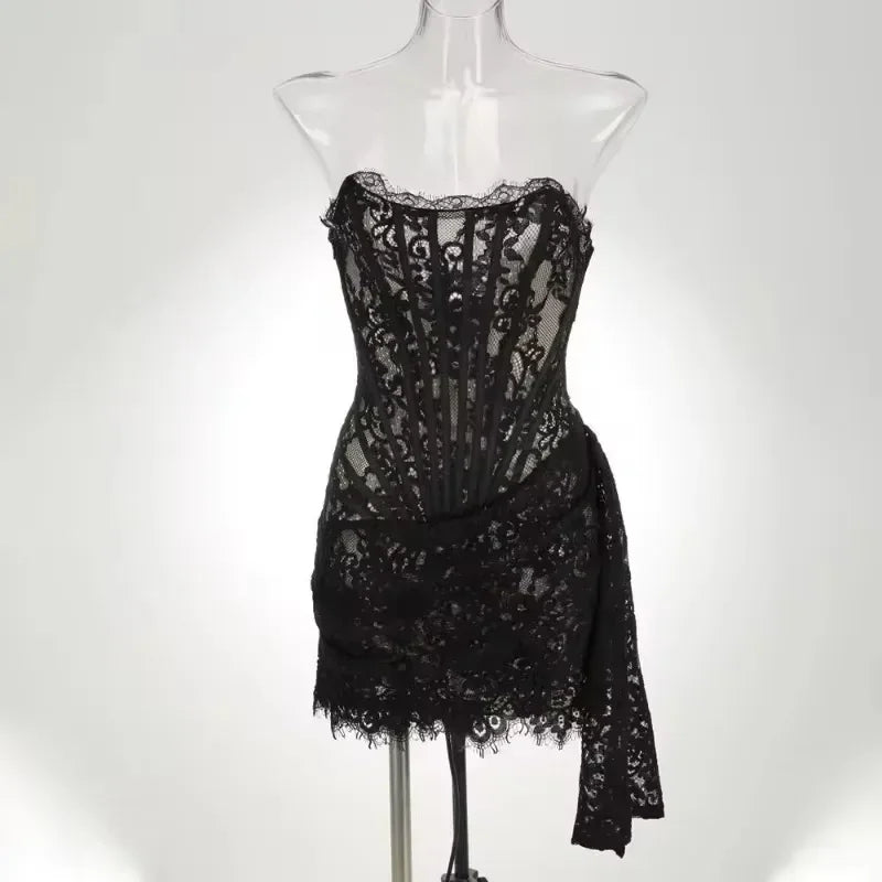 Black Strapless Lace Corset Mini Dress