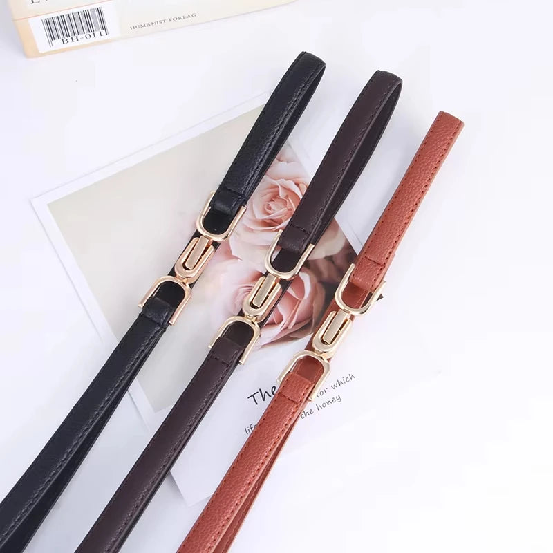Slim Leather Waist Belt with Gold Buckle