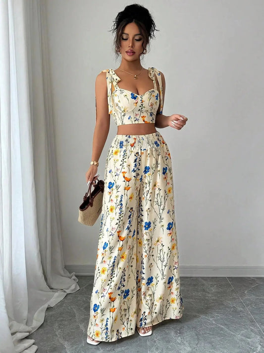 Floral Crop Top & Wide-Leg Trousers Set