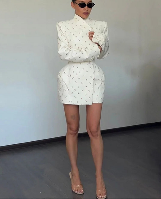 Structured Off-White Blazer Dress with Shoulder Pads