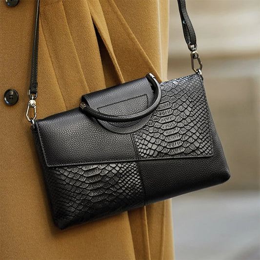 Black Textured Handbag with Metal Handle