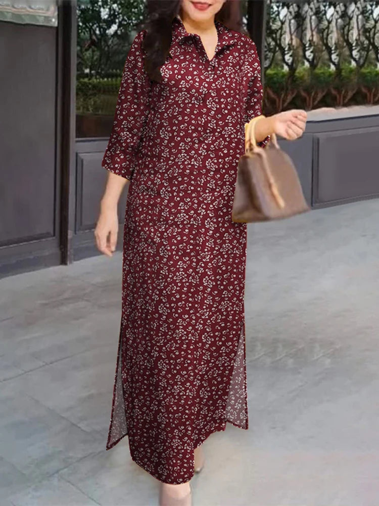 Vintage Floral Patchwork Maxi Shirt Dress – 3/4 Sleeve Cotton Lapel Dress