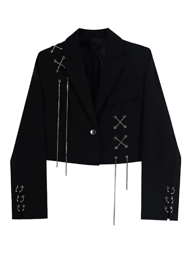 Cropped Black Blazer with Chain & Metal Detailing