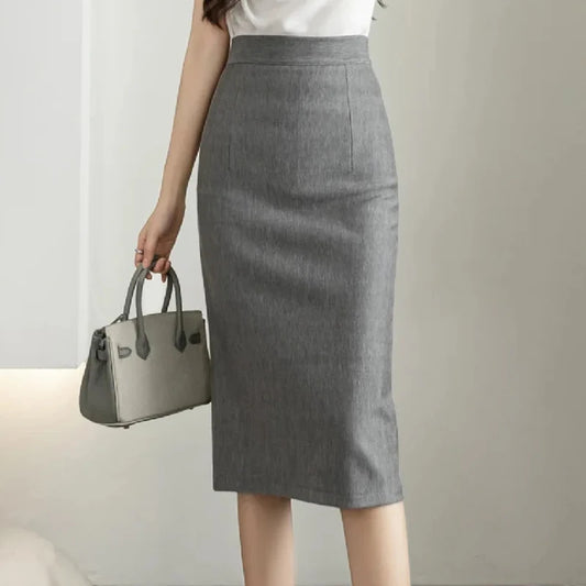Classic Gray Pencil Skirt – High-Waist Slim Fit Office Midi