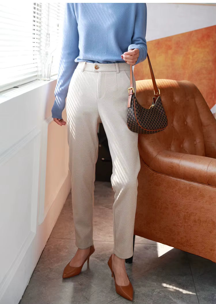 Wool Blend High-Waist Slim Trousers