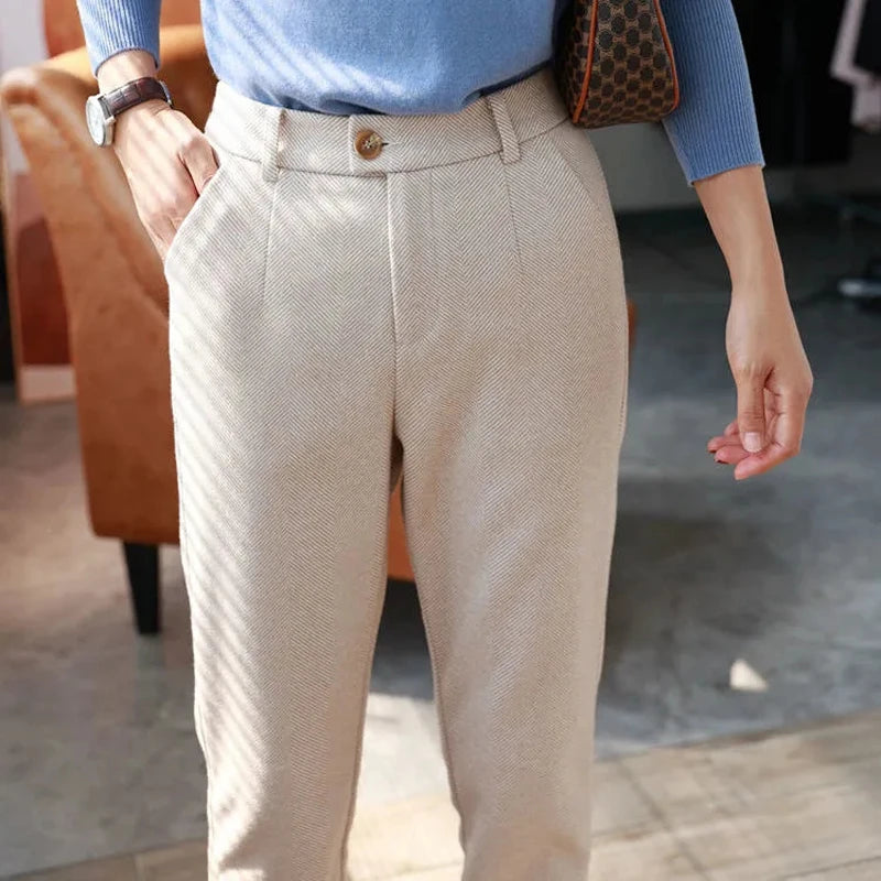 Wool Blend High-Waist Slim Trousers