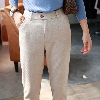 Wool Blend High-Waist Slim Trousers