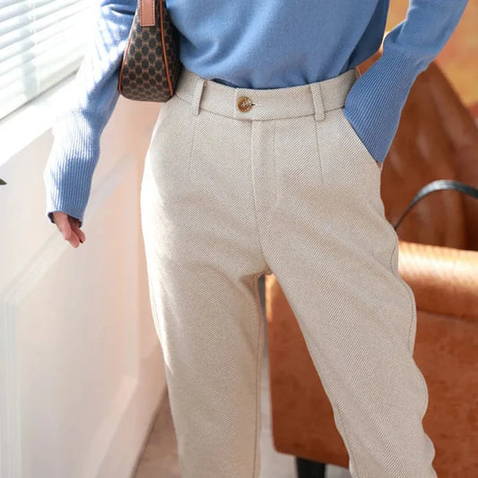 Wool Blend High-Waist Slim Trousers