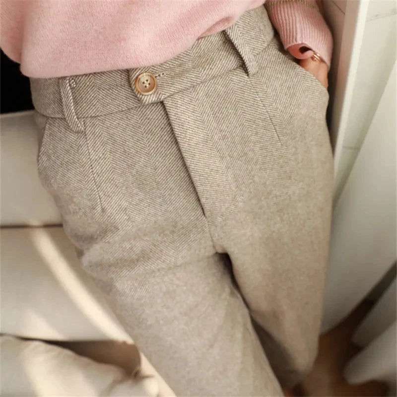 Wool Blend High-Waist Slim Trousers
