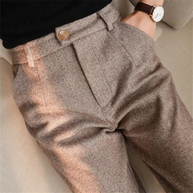 Wool Blend High-Waist Slim Trousers