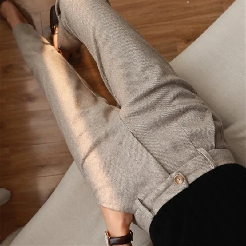 Wool Blend High-Waist Slim Trousers