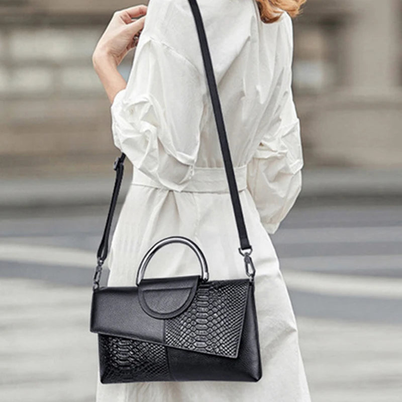 Black Textured Handbag with Metal Handle