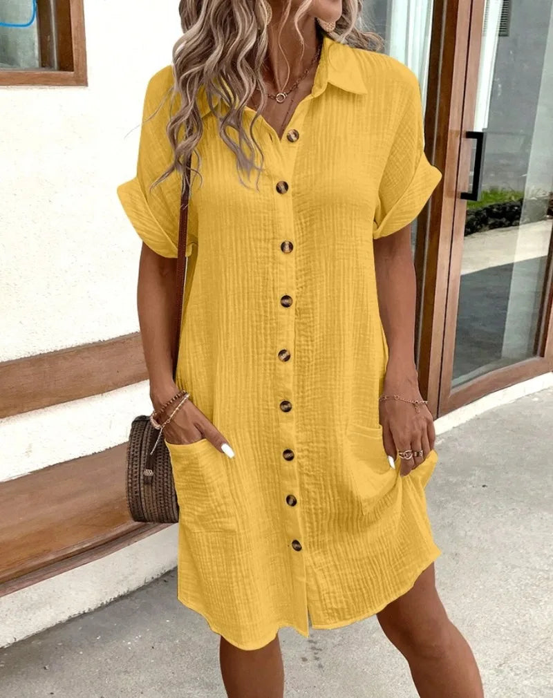 Button-Up Cotton Shirt Dress with Pockets