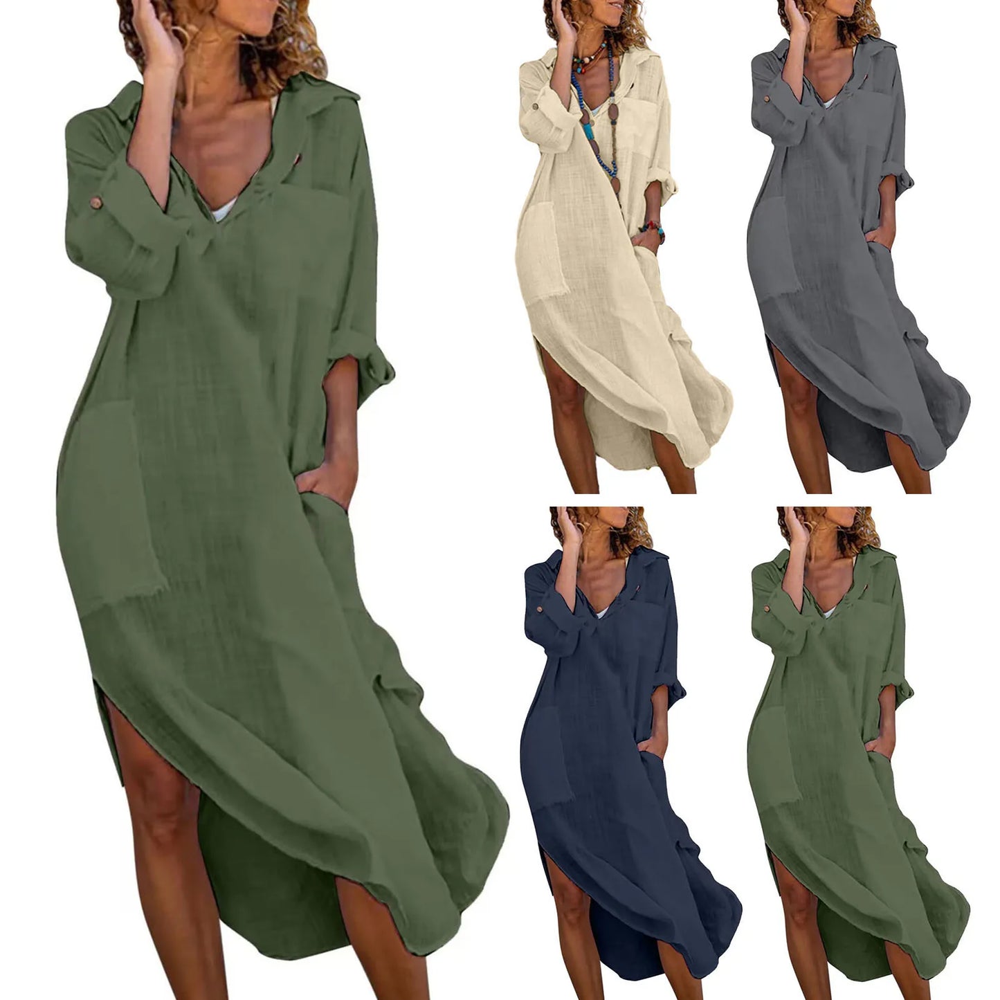 Oversized Linen-Cotton Shirt Dress – Casual Long Sleeve Midi Dress with Pockets