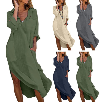 Oversized Linen-Cotton Shirt Dress – Casual Long Sleeve Midi Dress with Pockets
