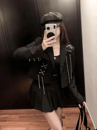 Cropped Black Blazer with Chain & Metal Detailing